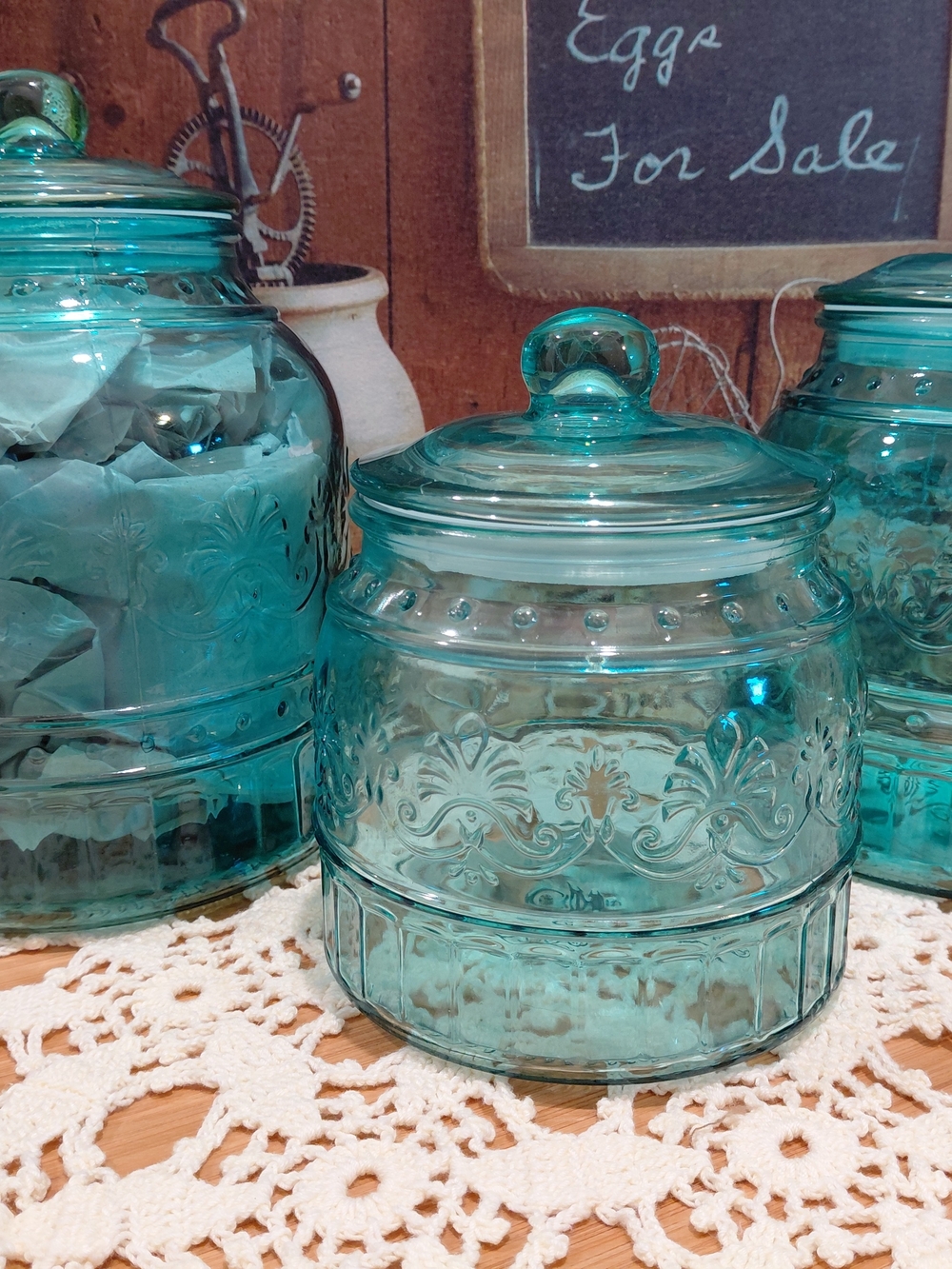 The Pioneer Woman Teal Cassie Embossed Glass Canister Trio with Lids